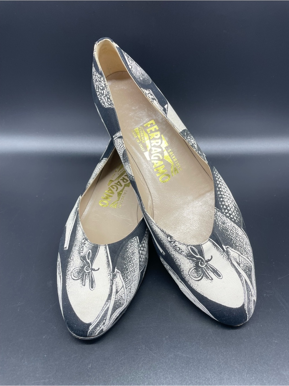 Salvatore Ferragamo Black and Off White Printed Canvas Low Heel Flats